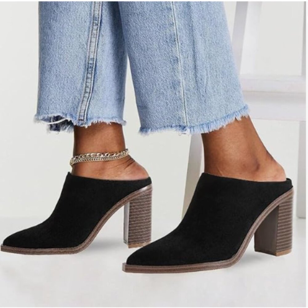 FOWT Women Mules Chunky Stacked Heel Slippers Pointed Toe Backless Slides Black
